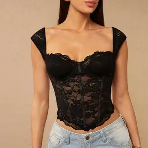 Women's Elegant Sweetheart Neckline Floral Lace Semi-Sheer Top, Lady Fashion Breathable Outfit, Summer Tops