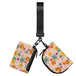 【Buy 1 Get 2】Hippie Flower Mini Metal Zipper Wristlet Wallet, Women's Colorful Detachable Mini Dual Pouch Wristlet Purse, 2pcs Coin Bag and Card Holder, Valentine‘s Day Gift for Girlfriend Women