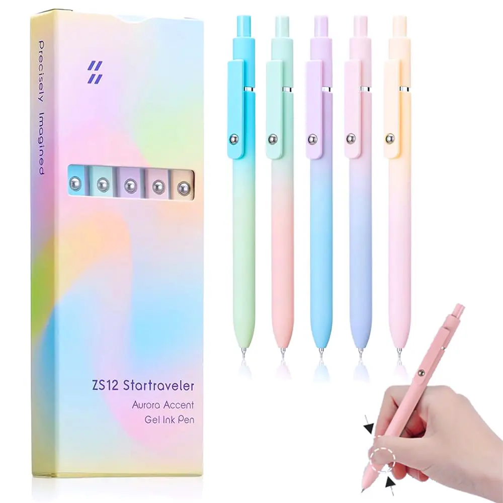 5 Pack Retractable Gel Pens Set, Quick Dry Black Ink Fine Point Soft Touch Roller Ball Gel Ink Pen for Smooth Writing (Aurora Color)