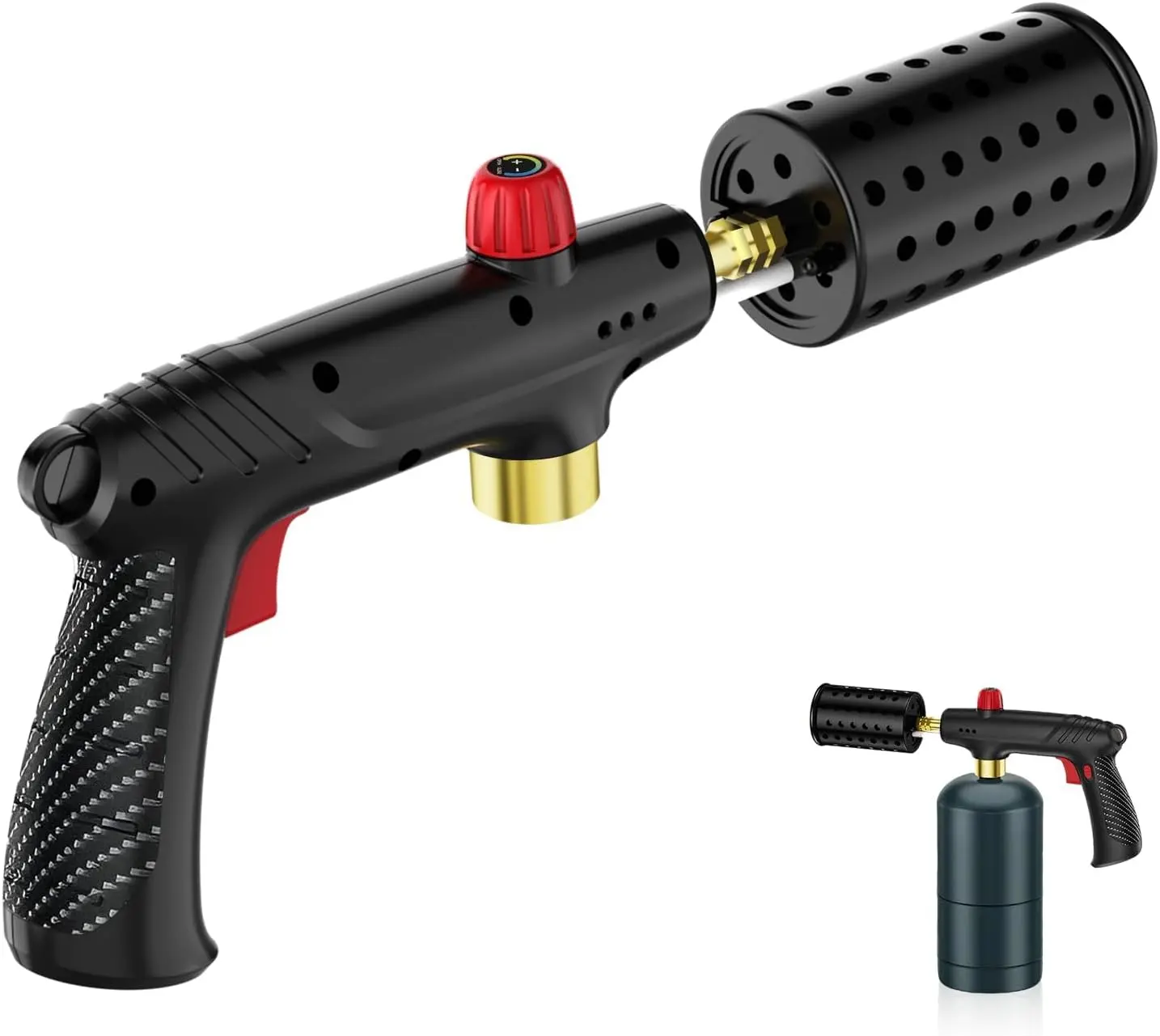 Black Portable Propane Burner Torch Gun - Adjustable Flame, Safety Lock, Wide Nozzle for BBQ, Campfire Lighting (Tank Not Included)