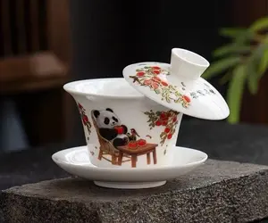 Cute Panda Ceramic Gaiwan Tea Set - Persimmon Pattern Chinese Teacup with Lid & Saucer | Auspicious "Good Luck" Design for Tea Ceremony