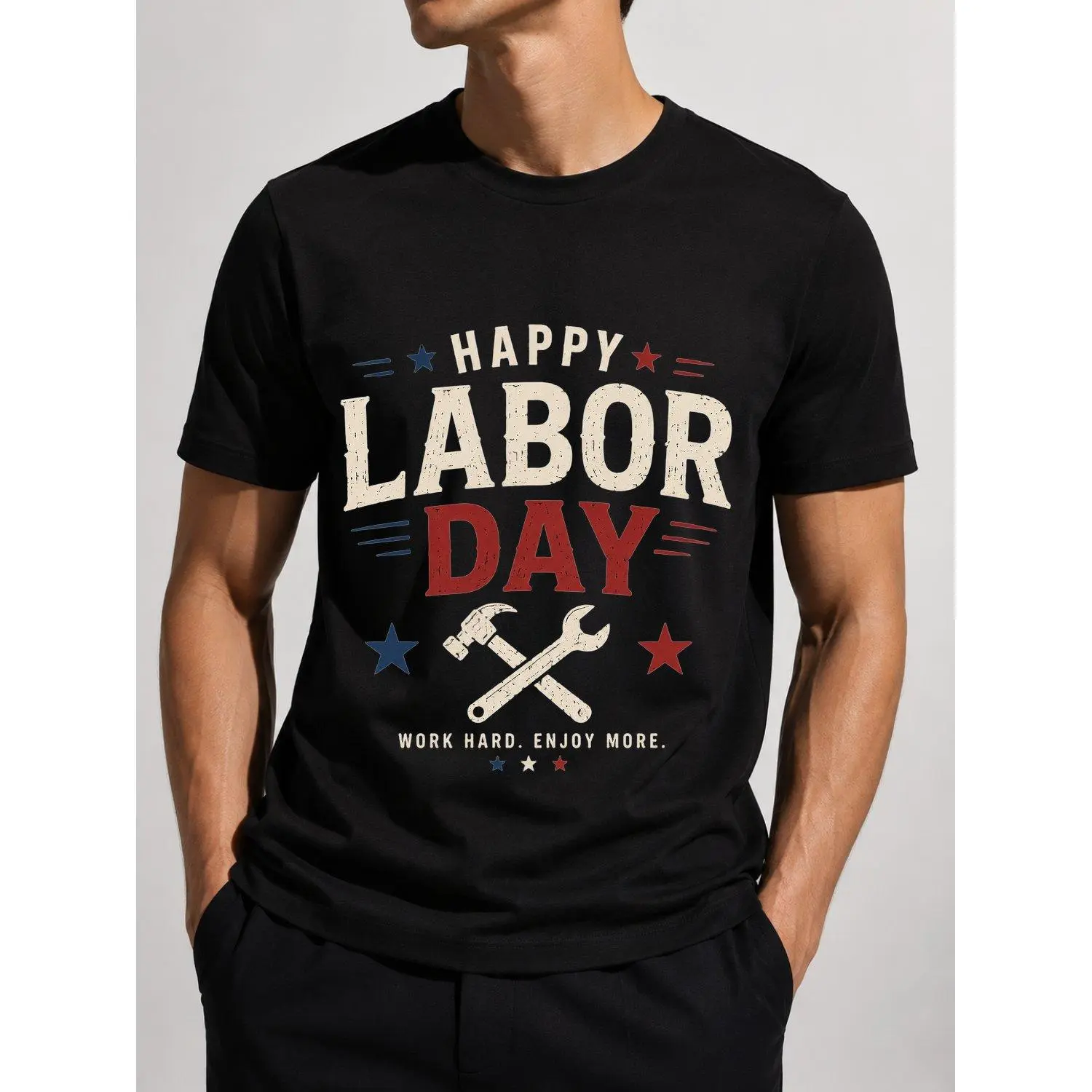 Men’s Classic Cotton Short-Sleeve Sports T-Shirt - Male Athletic Tee with Happy Labor Day Graphic, Work Theme Tool Design, Patriotic Holiday Print for Active Casual Wear & Casual Outings
