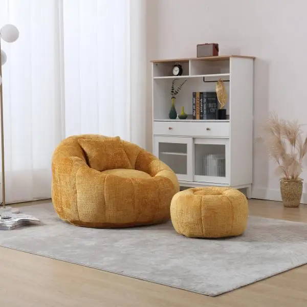UNITED WE WIN Round Modern Pumpkin-Shape Chenille Fabric Bean Bag Chair with Ottoman & Cushion, 300-lb Load Capacity, Fixed Arms, Durable Reinforced Fabric, Comfortable, Easy Set-Up, Indoor Living Room Furniture for Adults, 300 Pounds