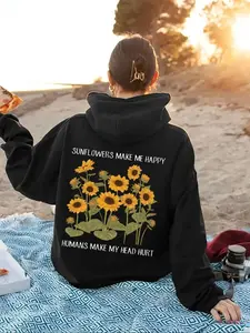 Women's Sunflower & Letter Print Drop Shoulder Hoodie, Fashion Casual Drawstring Pocket Hooded Sweatshirt for Daily Holiday Outdoor Wear, Ladies Clothes for Fall & Winter