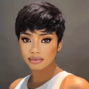 Women's Brazilian Remy Human Hair Wig - Pixie Cut Short Bob with Bangs 180% Density Straight Hair for Caucasian/Black/African Descent | Rose Net for Daily Wear & for halloween Wigs