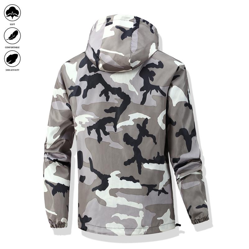 Men's clothing loose lightweight casual jacket, hiking fishing shell hooded outdoor coat, mountain climbing jacket, men's camouflage hooded casual sports jacket - men's gift recommendation