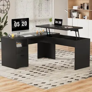 L-Shaped Lift Top Desk with Power Outlet, 56" x 56" Wood Corner Home Office Desk with Drawers, Height Adjustable with Storage