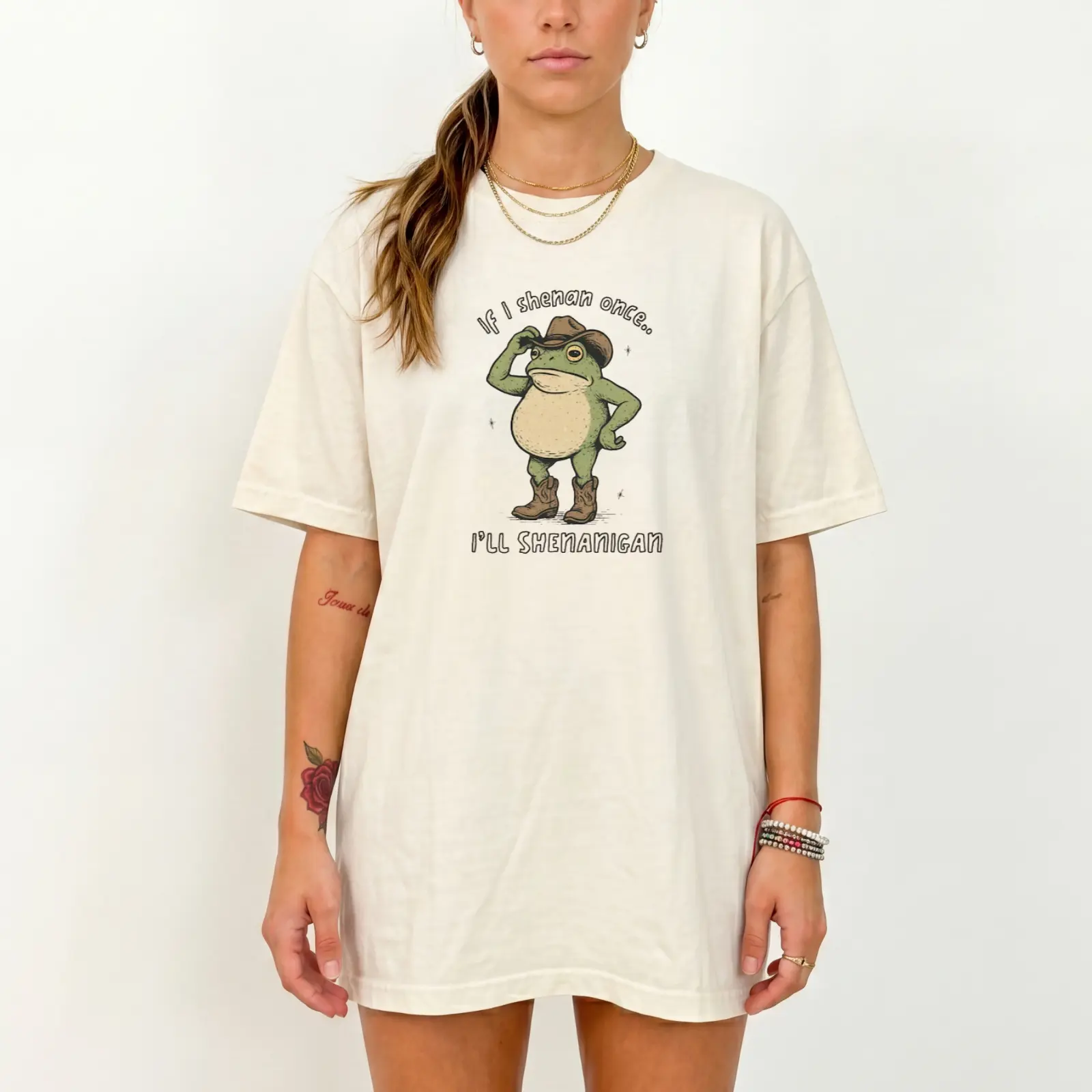 Women's Comfort Colors "If I Shenan Once I'll Shenanigan" T-Shirt - Cowboy Frog Design, Funny Animal Meme Top, Gift for Frog Lovers