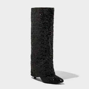 Women's Abba Sequin Foldover Tall Boots - A New Day Black 7