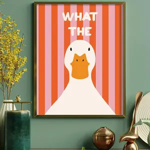 [Duck Cartoon Art] 1pc Bold Abstract Duck Cartoon Art Print - Minimalist Modern Canvas Wall Decor, Frameless, Vibrant Pink & Orange Stripes, Dopamine-Boosting Home Office Bedroom Living Room Art, Duck Decor