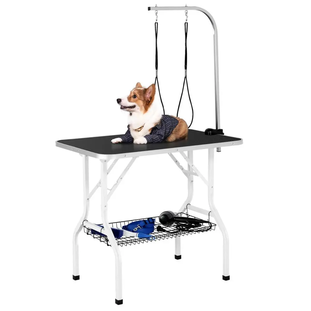 Costoffs 36”Professional Dog Grooming Table with Storage Basket, Foldable Pet Salon Bed with Adjustable Arm & 2 Grooming Loops, for Dogs & Cats