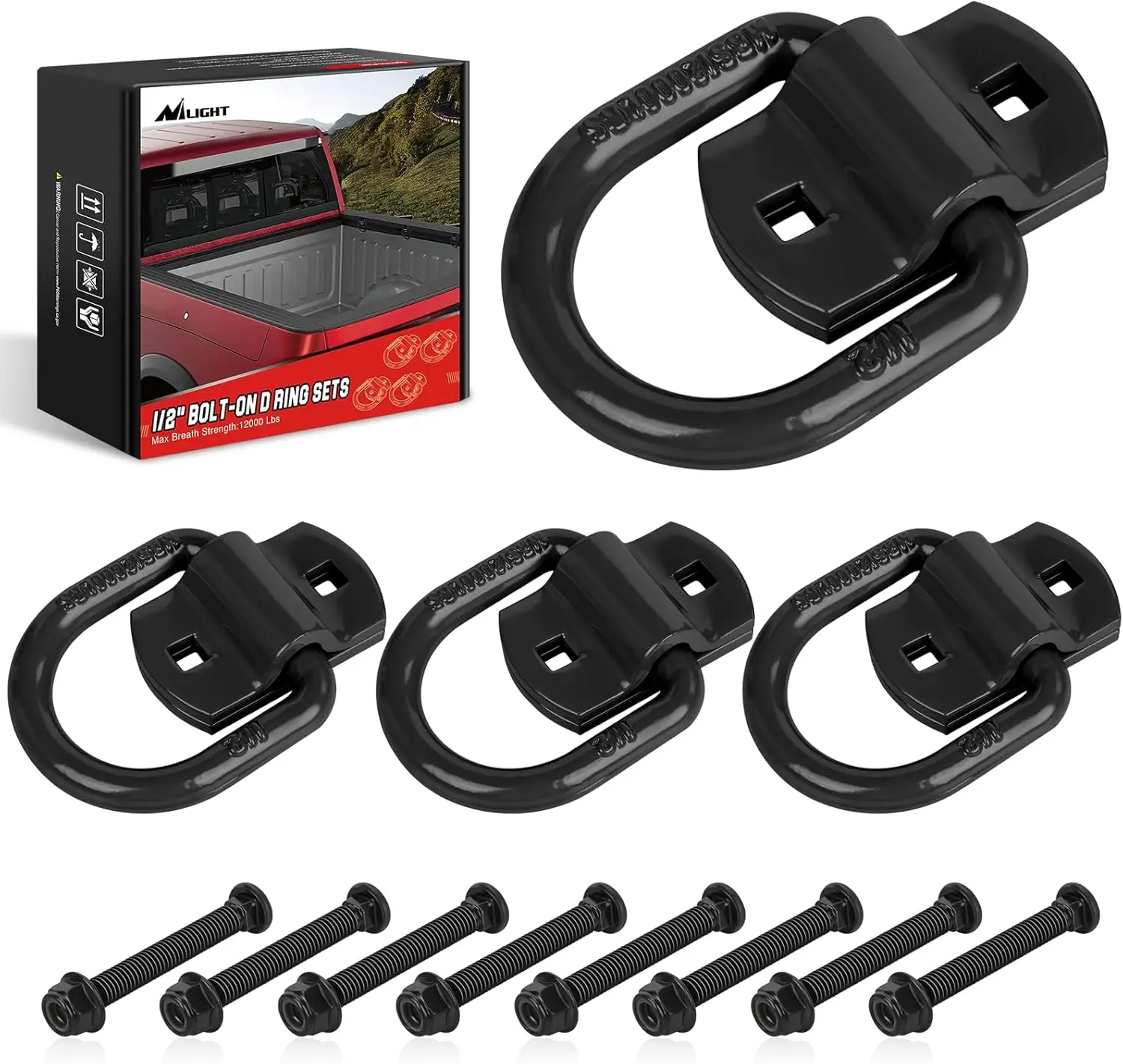 Nilight 4 PCS 1/2" Heavy-Duty Alloy Steel D-Ring Tie Down Anchors, 12000 lbs Break Strength, Anti-Corrosion Hooks, 3.15 inch Long Bolts, Convenient Easy-Installation Screws for Trailers, Cargo Beds, Trucks