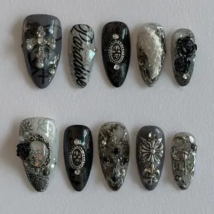 Celés Noir Press On Nails, Gothic Black Nail Art, Dark Coquette Nails, Elegant Handmade False Nails, Y2K Vampire Inspired Halloween Set