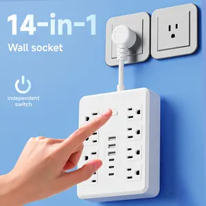 14-in-1 power strip with switch, multi-functional power strip, 8 AC sockets, 3 USB and 3 Type-C interfaces, suitable for USB sockets in offices, homes and travels, wall-mounted socket extender, power socket extender
