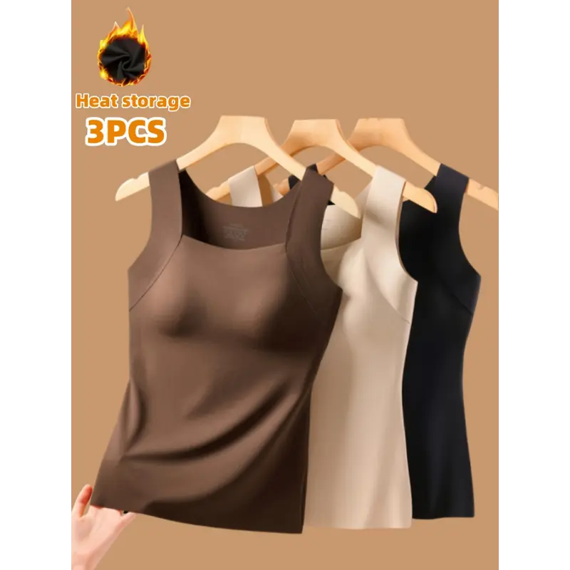 Women's 3pcs Thermal Tank Top Set - No Underwear Needed, Sleeveless Shirt Brown/Beige/Black Elegant Everyday & Formal Layering Medium Support Autumn/Winter Clothing Easy Hand Wash Care, Winter Wardrobe, Stylish Basics, Quality Con