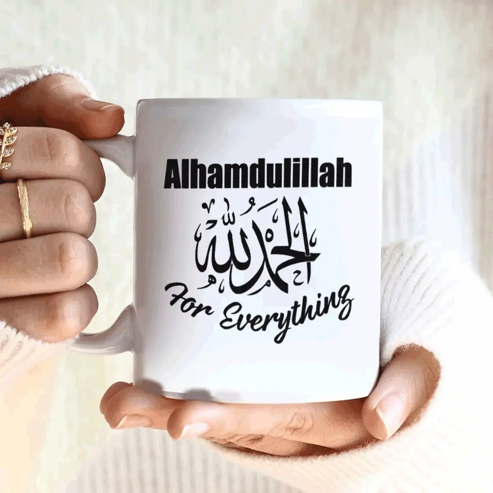 Thank Everything Ceramic Cup 11oz, Alhamdulillah Arabic Calligraphy Design, Dishwasher Safe, Reusable Coffee and Tea Mug, Novelty Coffee Mugs