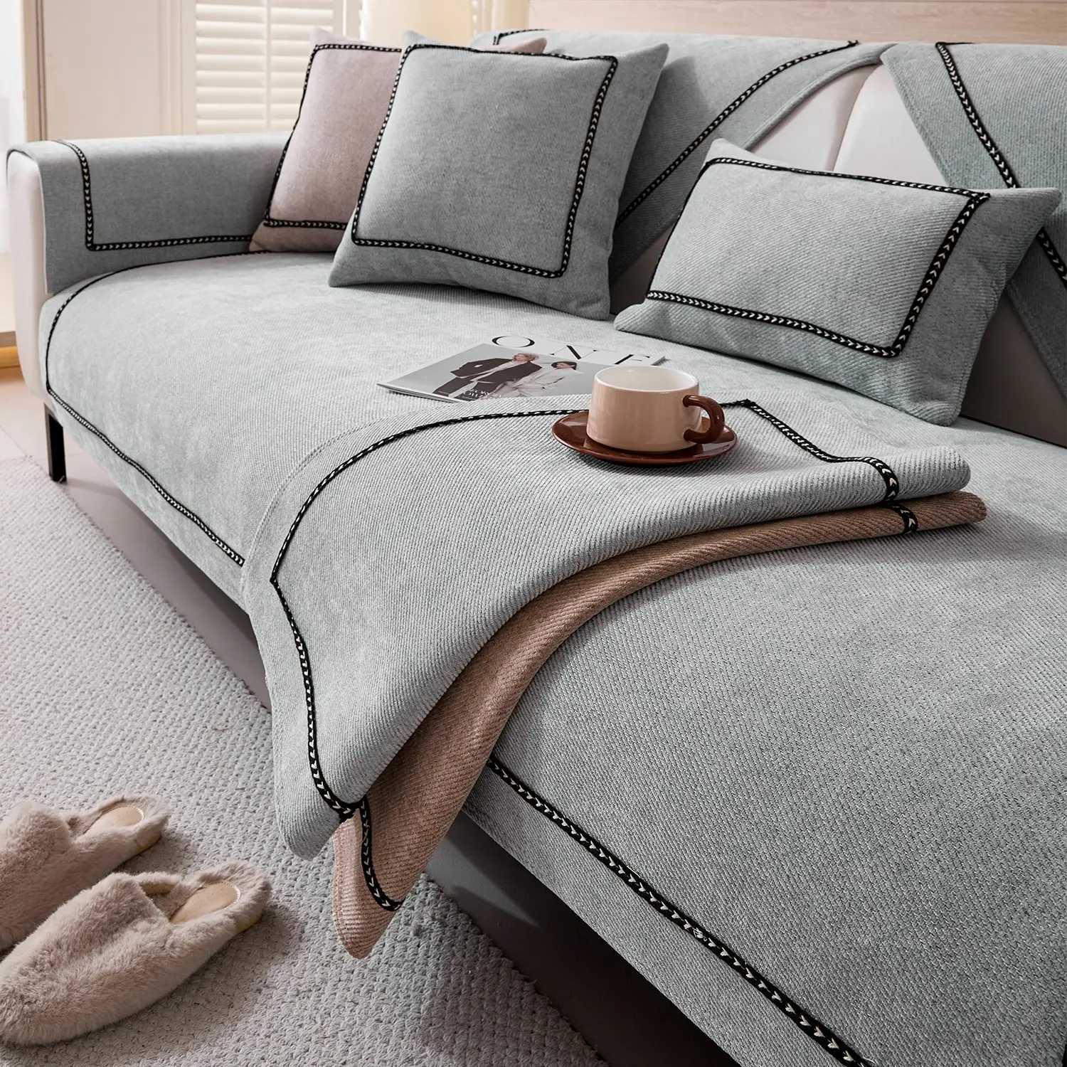 1pc Solid Color Luxury Chenille Sofa Cushion, Soft Comfortable Fabric, All Season Use, Anti-Slip Durable, Fits 1-5 Seat Sofas