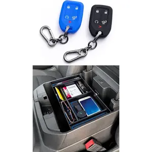Center Console Organizer Blue and Smart 5-Button Key Fob Case Cover (Blue with Black Button) Compatible with 2020 2021 Silverado/Sierra 1500/2500 HD/3500 HD and 2019 Silverado 1500/Sierra 1500
