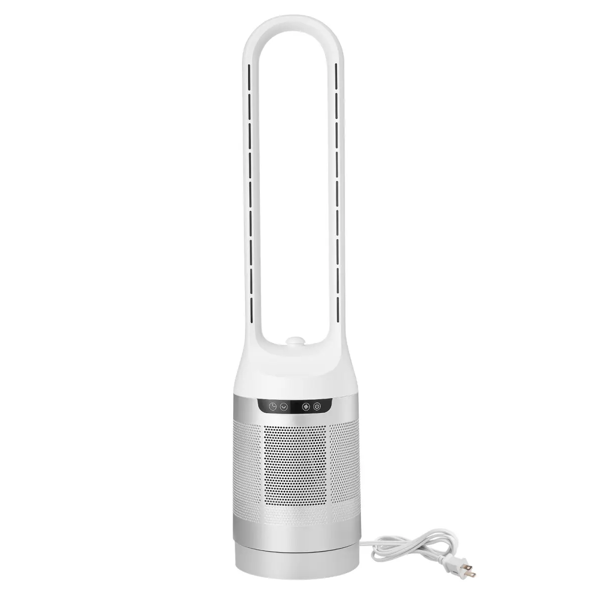 Compact White Bladeless Tower Fan with Plastic Body, Vertical Stand - 65° Oscillating Standing Fan, 12 Speeds, 4 Modes, 8H Timer, 14.76 ft/s High Velocity Floor Air Circulator, Quiet Operation for Bedroom Users, Living Room