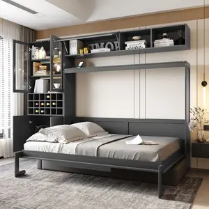 Gray Full-Size Murphy Wall Bed Set – Space-Saving Indoor Furniture with Built-in Sofa, Shelves, USB Ports, and Light, Murphy Bed