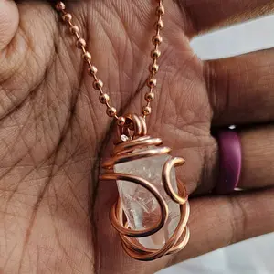 2.4mm Ball Chain Quartz Point Crystal Pendant Necklaces 24 Inches, Thick 14 Gauge Copper Wire Wrapped Jewelry, - Amplification and clarity - Energy and focus - Healing and balance [Made-to-Order]