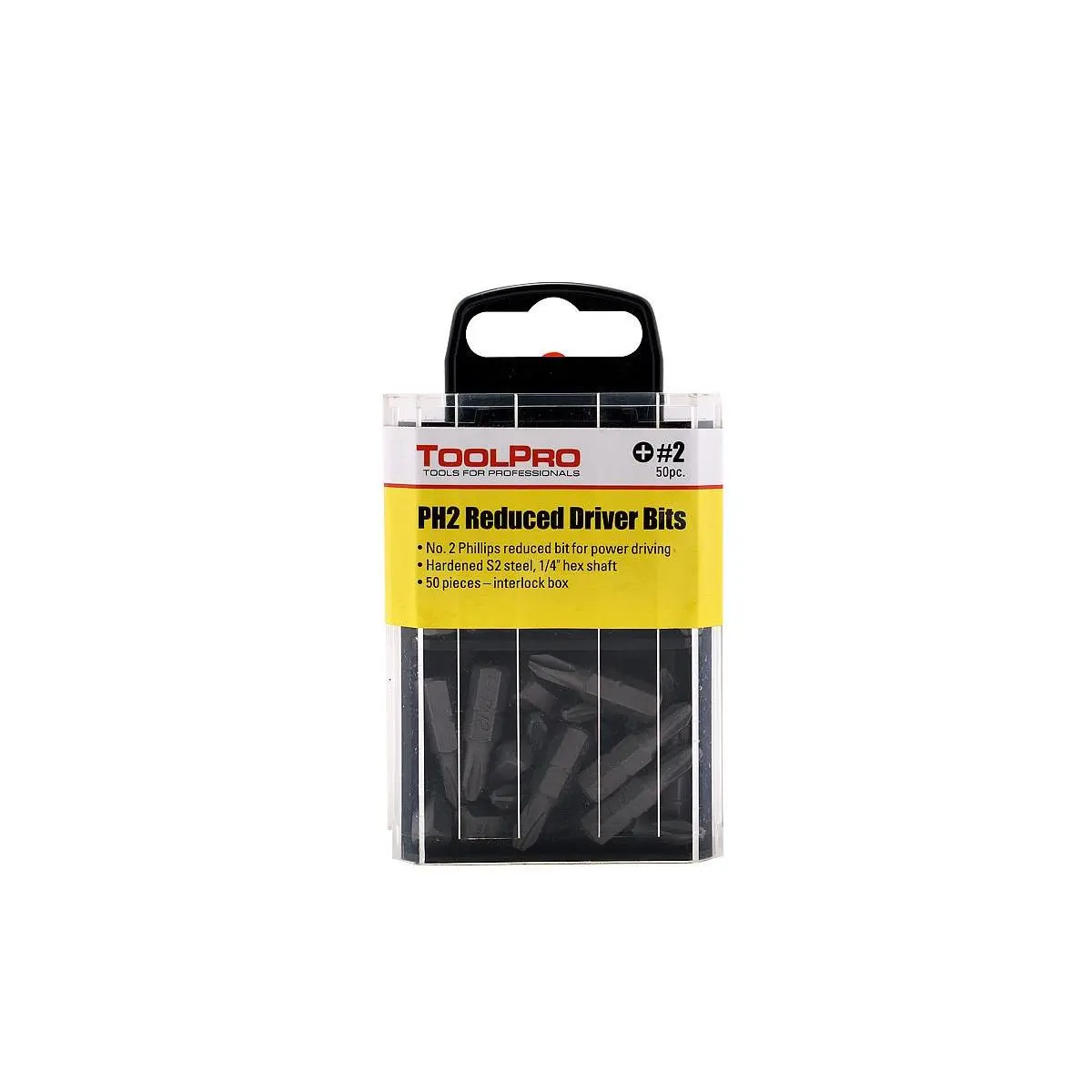 ToolPro #2R Reduced Phillips Screw Bit Tips with Shaft, Interlocking Storage Box of 50, for Drywall Screws, Drill Driver Power Driving Applications