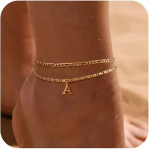 Personalized Initial Anklet Stack - Double Chain Gold Letter Anklet Set