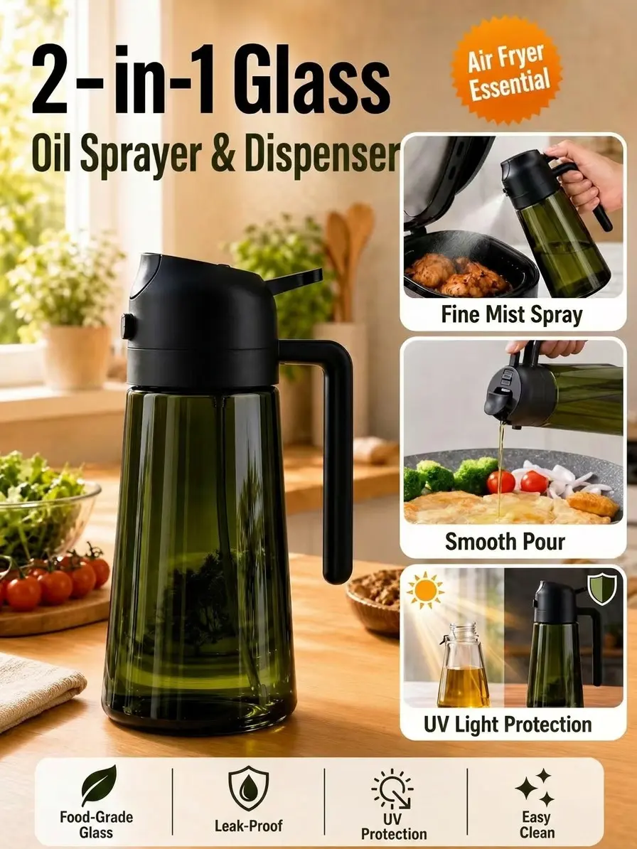 2 in 1 Oil Sprayer for cooking 16OZ/470ML,Light-Blocking Dark,Olive Oil Dispenser Bottle for Kitchen,Premium Dark Green Glass Oil Bottle,Food-Grade Oil Mister for Air Fryer,BBQ