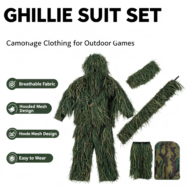 Green Ghillie Suit for Hunting, 5 in 1 Camo Ghillie Suit Set with Hood, Jacket, Pants, Gun Wrap & Storage Bag, Breathable Mesh Camouflage Clothing for Jungle Grassland Hunting, CS Game, Wildlife Photography