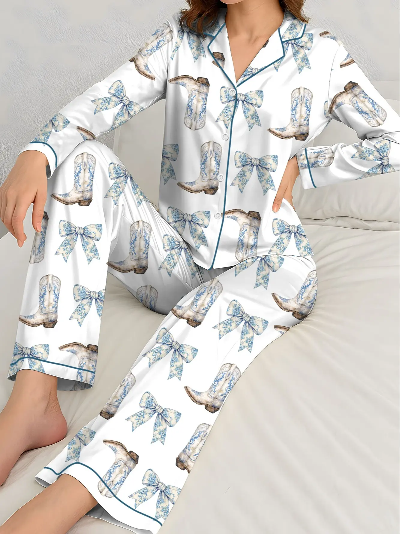 Women's 2-Piece Silk Satin Pajama Set - Blue, Bow & Cowboy Boots Print, Short & Full Length Options, Adjustable Strap, Basics Sleepwear for Loungewear
