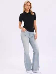 INSPIRE CHIC Short Sleeve Polo Shirts Women's Collared V Neck Button Up Knit Casual Tops