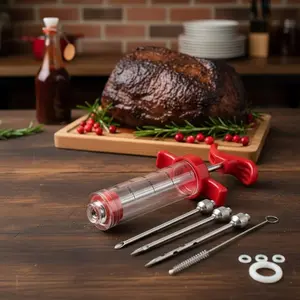 Meat Injector Kit - 1-oz Plastic Marinade Syringe for Thanksgiving Turkey, BBQ, Grill & Smoked Meat, Includes 3 Stainless Steel Needles, 3 O Rings & 1 Cleaning Brush