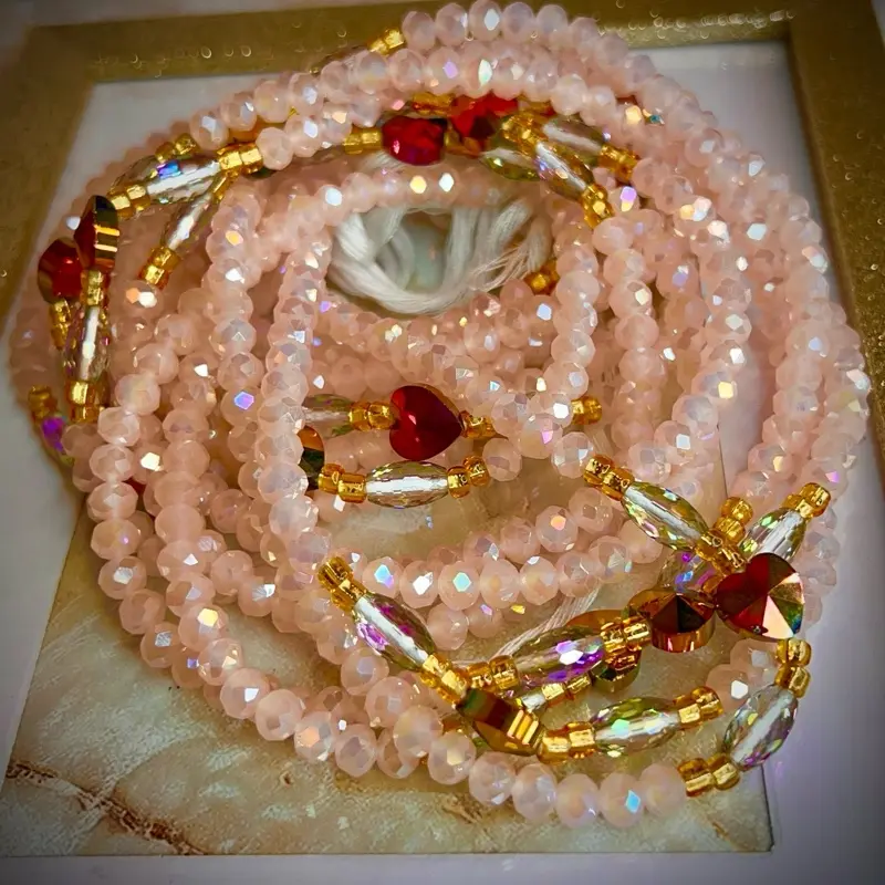 Blushing Radiance Authentic Tie-On Waistbeads 50-60 Inches Handcrafted Glass Seed Beads Adjustable Fit Ethical & Cultural Symbolic Color Meanings