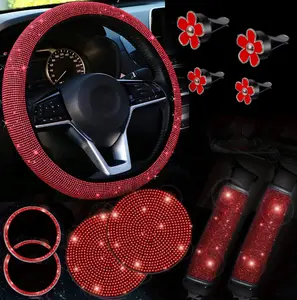 Bling Car Accessories Set 11pcs, Steering Wheel Cover, Seat Belt Covers, Daisy Vent Clips, Cup Holder Coasters, Diamond Start Button Rings, All-Season Car Interior Decoration Fit Most Vehicle