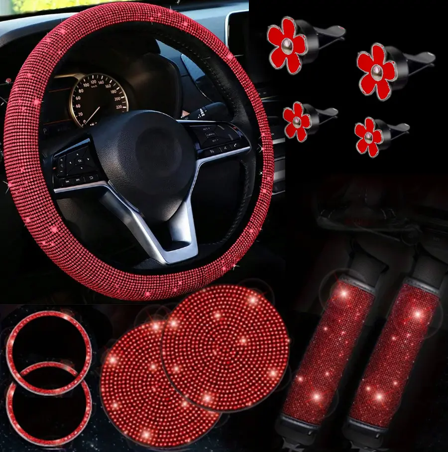 Sparkle Boujee Car Accessories Set for Girls - 11pcs Polyester Decorative Interior Kit: Steering Wheel Cover, Seat Belt Covers, Daisy Vent Clips, Cup Holder Coasters, Diamond Start Button Rings, Universal Fit for Most Vehicles, All-Season Use