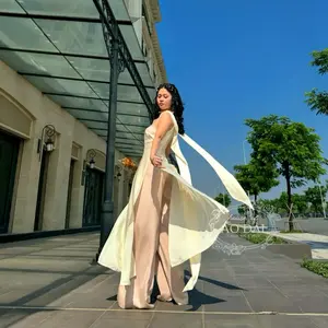 Halter beige ao dai women with silk pants long scarf, wedding ao dai