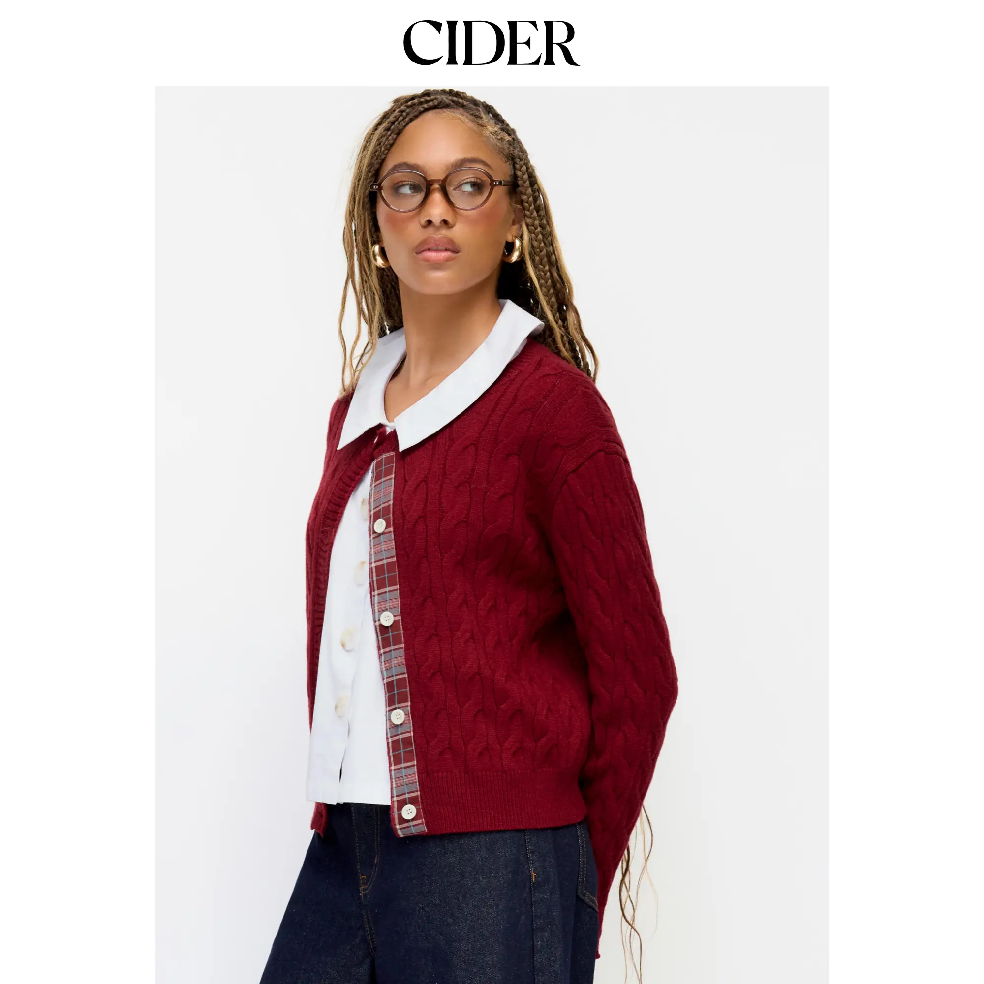 Cider Women's Cable Knit Cardigan with Tartan Elbow Patches, Casual Long Sleeve Round Neck Button-Up Knit Top, Tops, Knitwear