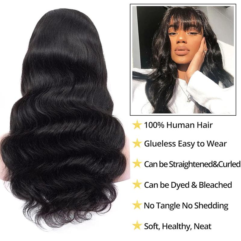 OQ HAIR Body Wave Wigs with Bangs Human Hair Wigs for Women None Lace Front Wigs 200% Density Brazilian Virgin Hair Glueless Machine Made Wig Natural Color