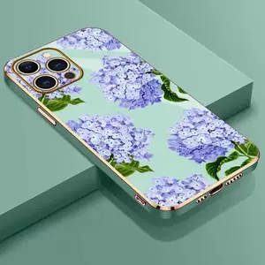 Electroplated TPU Phone Case for iPhone 17 15 Pro Max 16 14 Plus 13 12 11 Lavender Hydrangea Grace Pattern Classic Straight Design Scratch Resistant Softcase