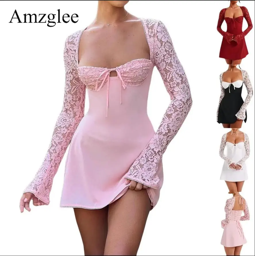 Amzglee Y2K Sexy  Lace Long Sleeve Mini Dress Fashion Sexy Corset Backless Lace Up Short Dresses Womens Clothing Summer Elegant