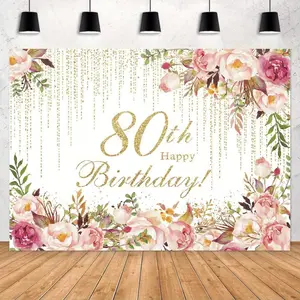 1pc 2D Flat 80th Birthday Party Backdrop Banner - , Elegant Floral Design with Shimmering Golden Accents, Polyester Photography Background for Cake Table Decoration, Generaling Fit Occasion Without Electricity - No