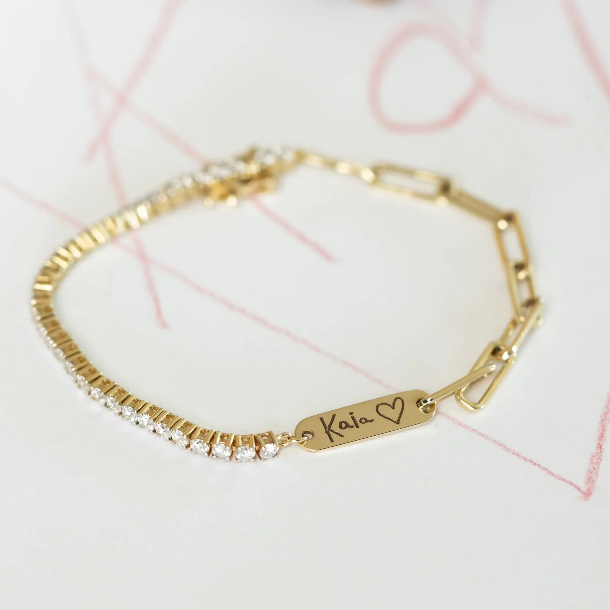Handwriting Engrave-able Paper Clip Tennis Bracelet