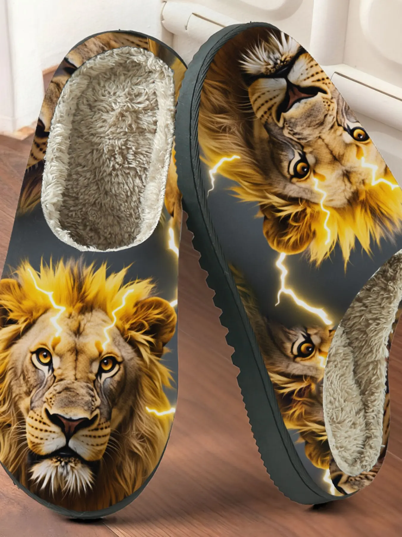 Men's Lightning Lion Print Cotton Slippers, Wild Style Fuzzy Lining Anti-Slip Thick Sole, Fall & Winter Warm Home Shoes