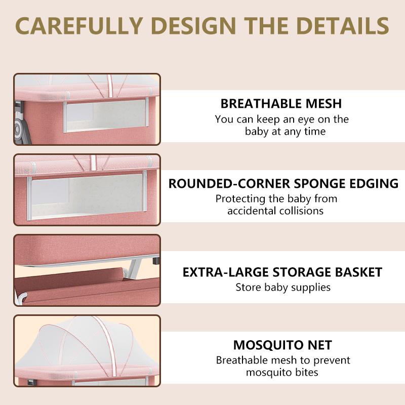 Luxury 3 in 1 Baby Bassinet Bedside Sleeper for Newborn 0–6 Months, Adjustable Height Portable Crib with Wheels & Mosquito Net, Breathable Mesh, Premium Mattress & Storage Basket