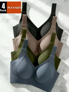 4pcs Pack (4pcs) Women's Plus Size Wireless Seamless Bra Suitable for 1XL-5XL - Full-Coverage Wide Strap Removable Pads, High Stretch Wire-Free Comfort for Daily Wear & Special Occasions, Machine Washable Solid Color Bras
