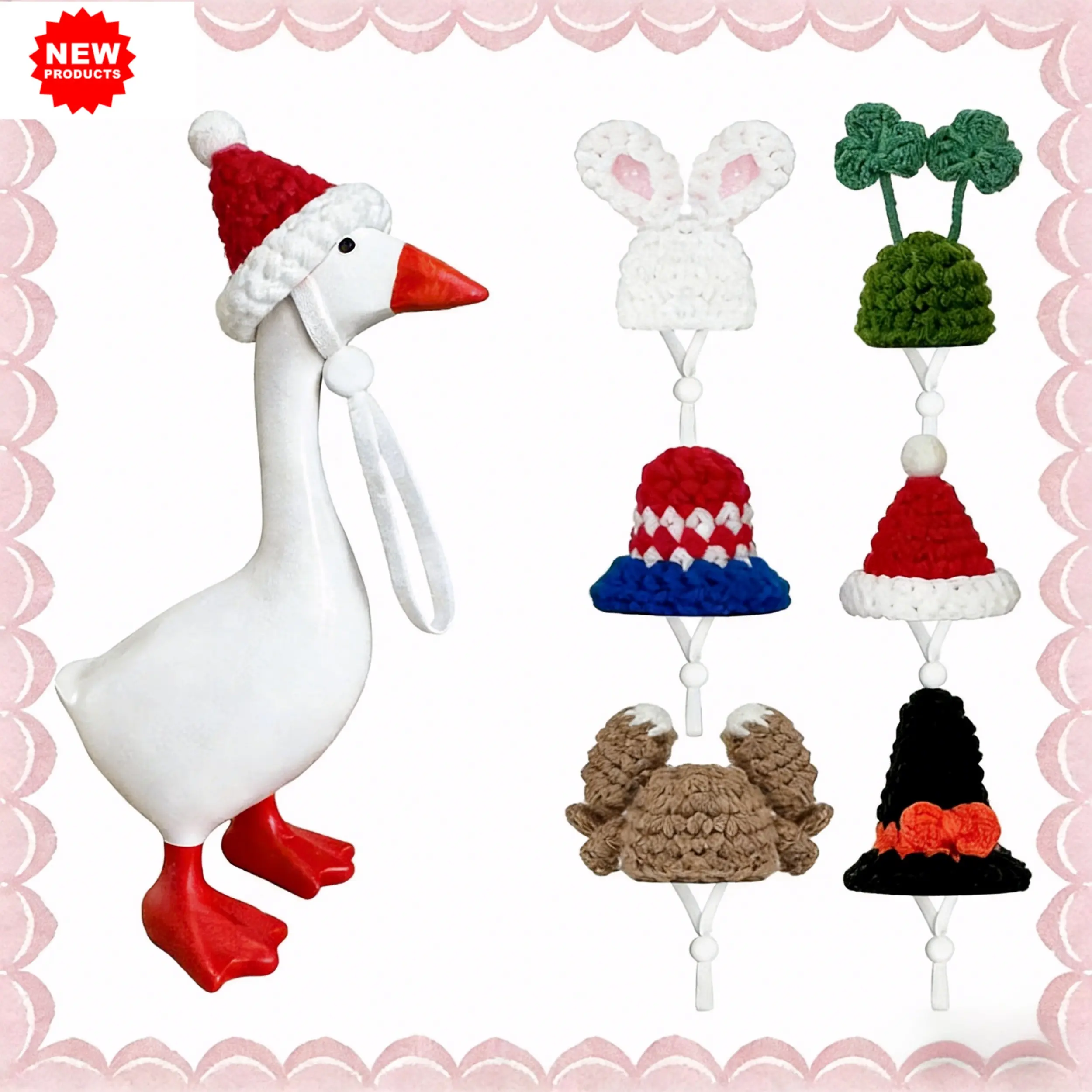 6-Piece 7in All-Season Desk Goose Outfits Set - Magnetic Hat Headwear with Clover, Stars for Halloween, Christmas Mini Porch Goose Statue, Holiday Decor, Porch Garden Decoration, Gift