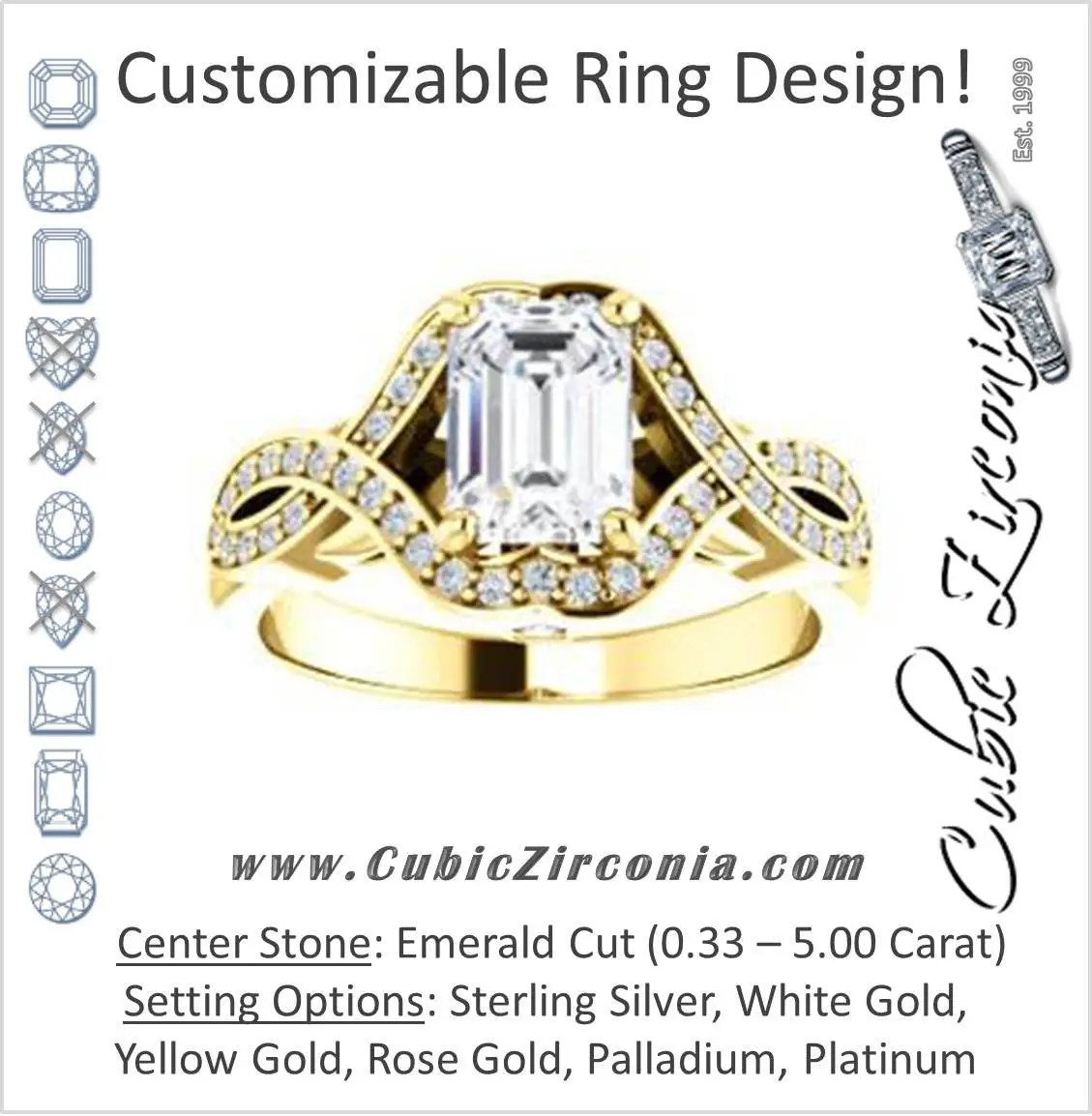 Cubic Zirconia Engagement Ring- The Bannely (Customizable Emerald Cut Semi-Halo Style with Split-Pavé Band and Peekaboo Accents)