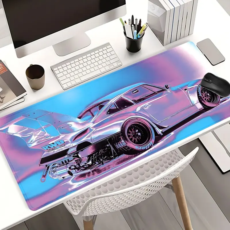 Holographic Pink Blue Sports Car Desk Pad Gaming Mousepad XXL Mouse Pad for Laptop Desk Mouse Pad Extra Large with Non-Slip Rubber Base Stitched Edges Surface for PC Gamers Office Workers & Home Use