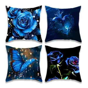 4pcs, Valentine's Day Throw Pillow Covers, 2D Flat, Romantic Blue Rose and Heart-shaped Design, Modern Aesthetic, Cushion Cover Decoration for Couch Sofa, Home Decor, Valentine's Day Accents, Single Sided Printing, No Pillow Core