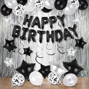 Black and Silver Happy Birthday Balloon Decorations Set 14 Inch Letter Balloons 18 Inch Star Foil Balloons 12 Inch Latex Balloons with Confetti and Hanging Swirls for Party Backdrop Decor